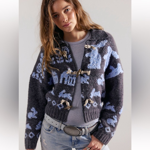 Free People Sweaters - Free People Home Sweet Home Cardi- Charcoal Peri Bunny Print